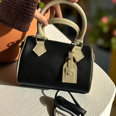 Two Tone Italian Leather Boston Bag Handmade Top